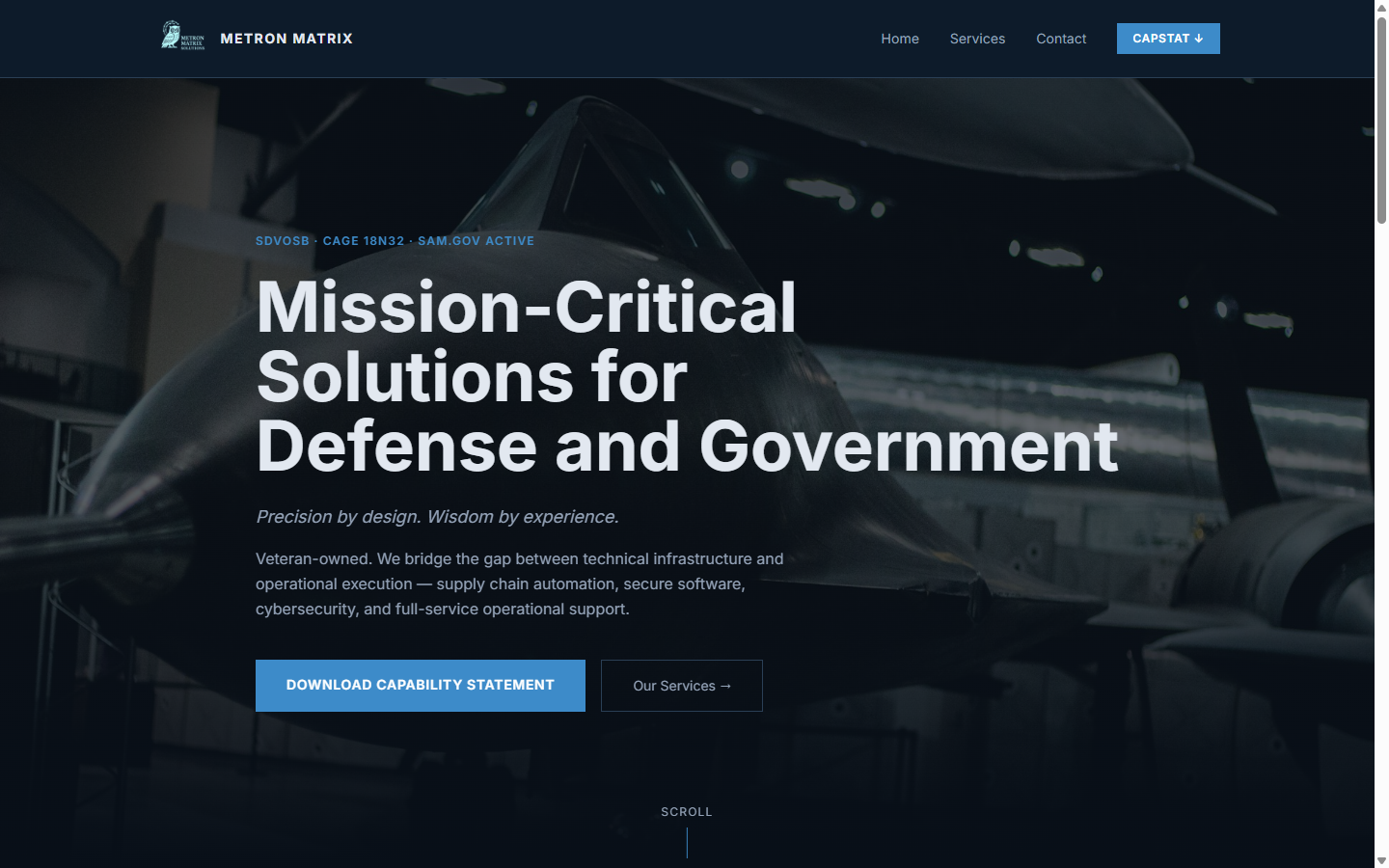 Metron Matrix homepage — dark blue 'Mission-Critical Solutions for Defense and Government' hero.
